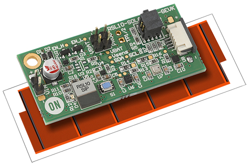The RSL10 Solar Cell Multi-Sensor Platform with attached solar panel and ready to transmit sensor data over Bluetooth Low Energy (BLE)